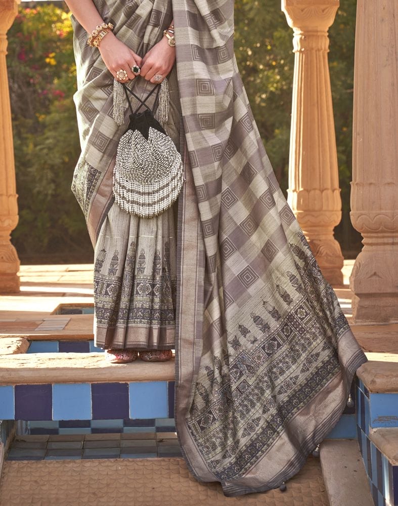 Collection of Beige Geometric Print Soft Silk Half and Half Saree in a gallery layout