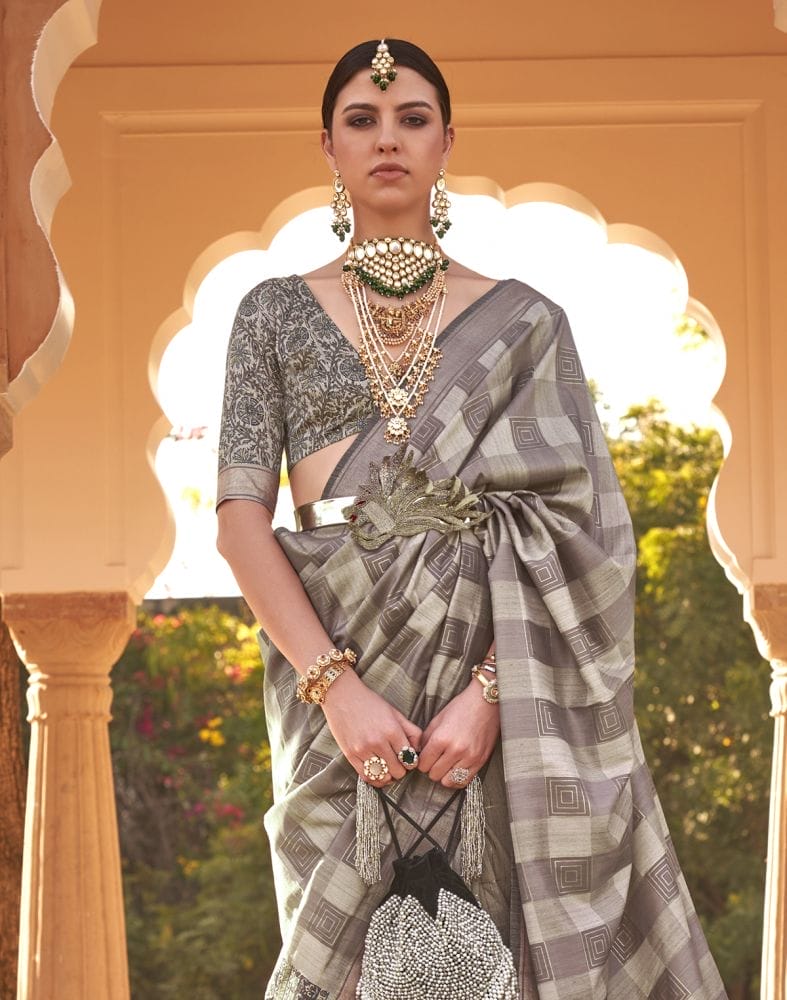 Collection of Beige Geometric Print Soft Silk Half and Half Saree in a gallery layout