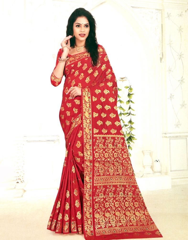 Red Paisley Stones Work Banaras Fancy Saree