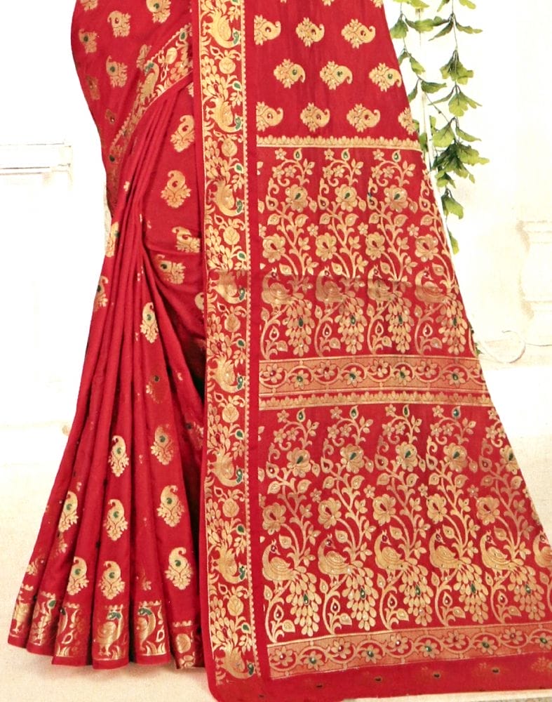 Red Paisley Stones Work Banaras Fancy Saree