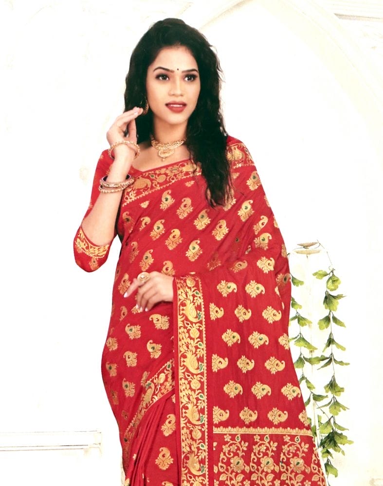 Red Paisley Stones Work Banaras Fancy Saree