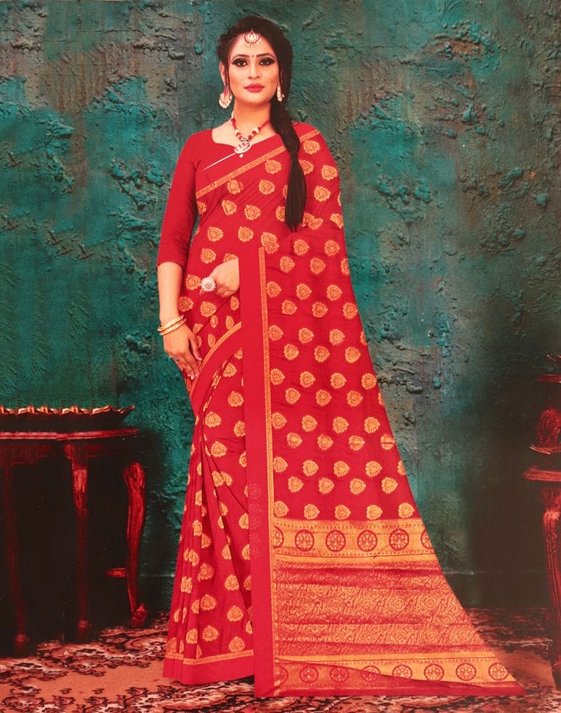 Red Botanical Stones Work Banaras Fancy Saree