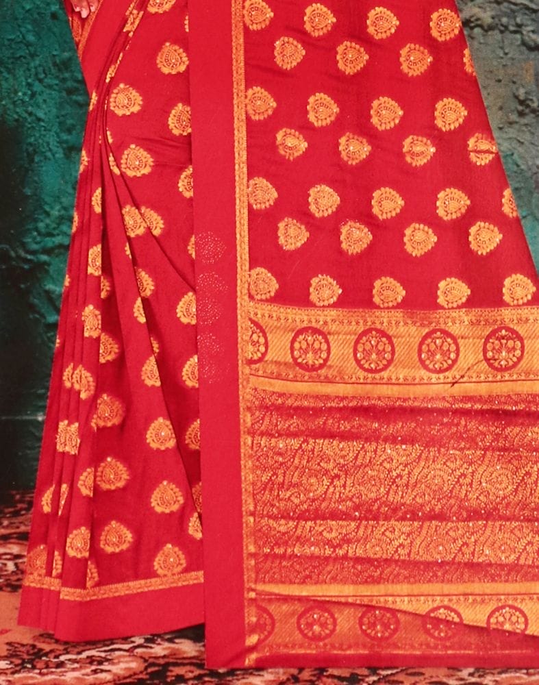 Collection of Red Botanical Stones Work Banaras Fancy Saree in a gallery layout