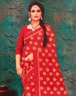 Collection of Red Botanical Stones Work Banaras Fancy Saree in a gallery layout