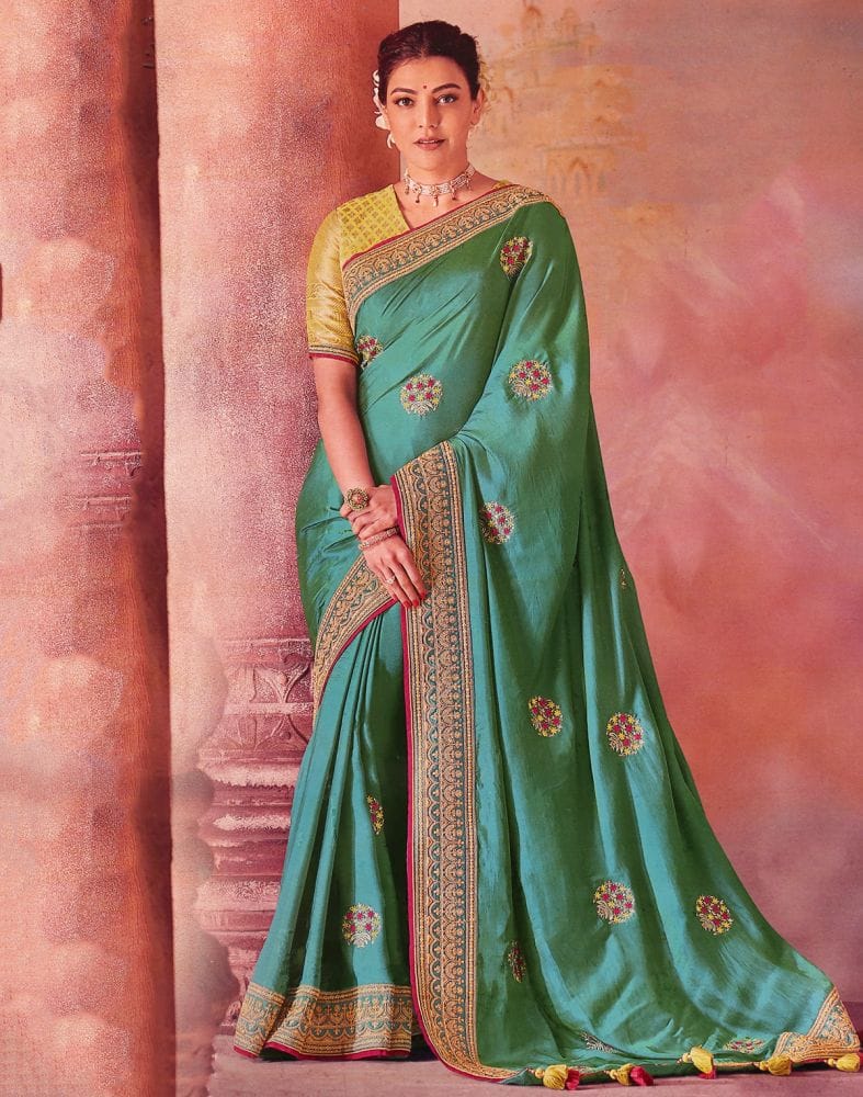 Green Floral Embroidery work Satin Saree