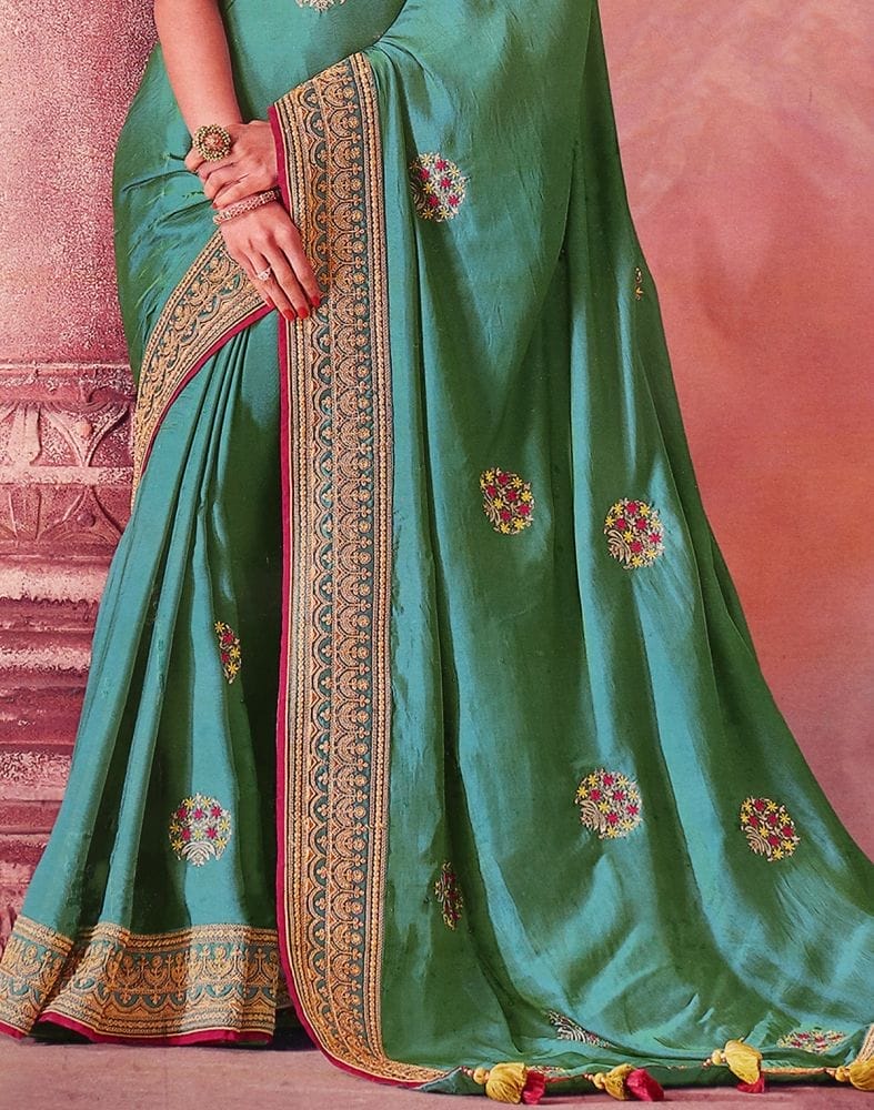 Green Floral Embroidery work Satin Saree