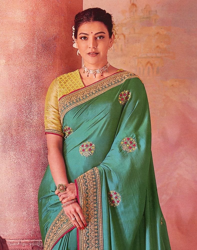 Green Floral Embroidery work Satin Saree