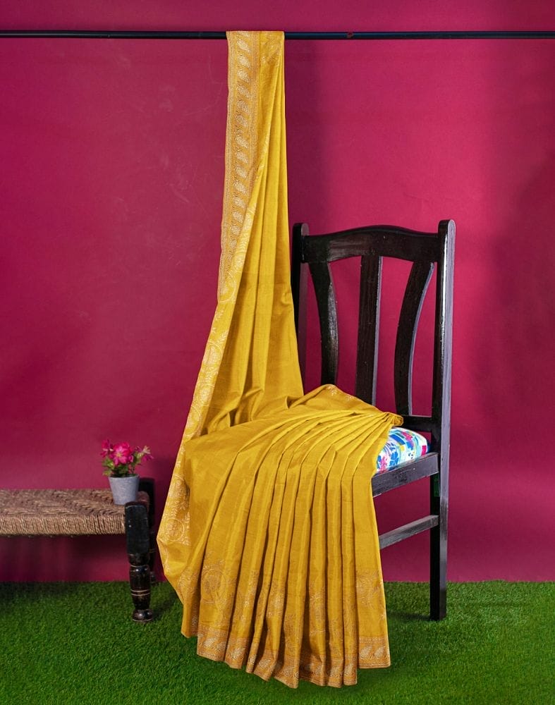 Yellow Floral Embroidery work Raw Silk Saree