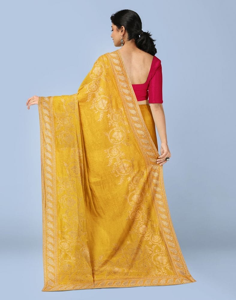 Yellow Floral Embroidery work Raw Silk Saree