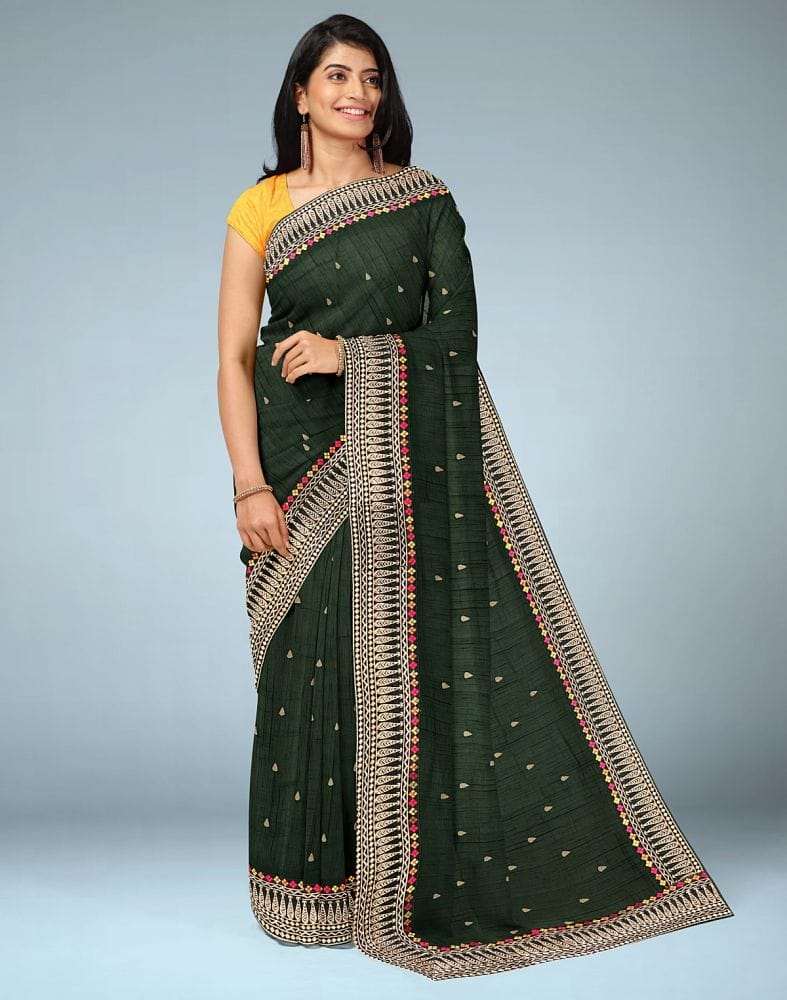 Collection of Dark Green Butta Raw Silk Saree in a gallery layout