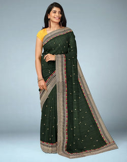 Collection of Dark Green Butta Raw Silk Saree in a gallery layout