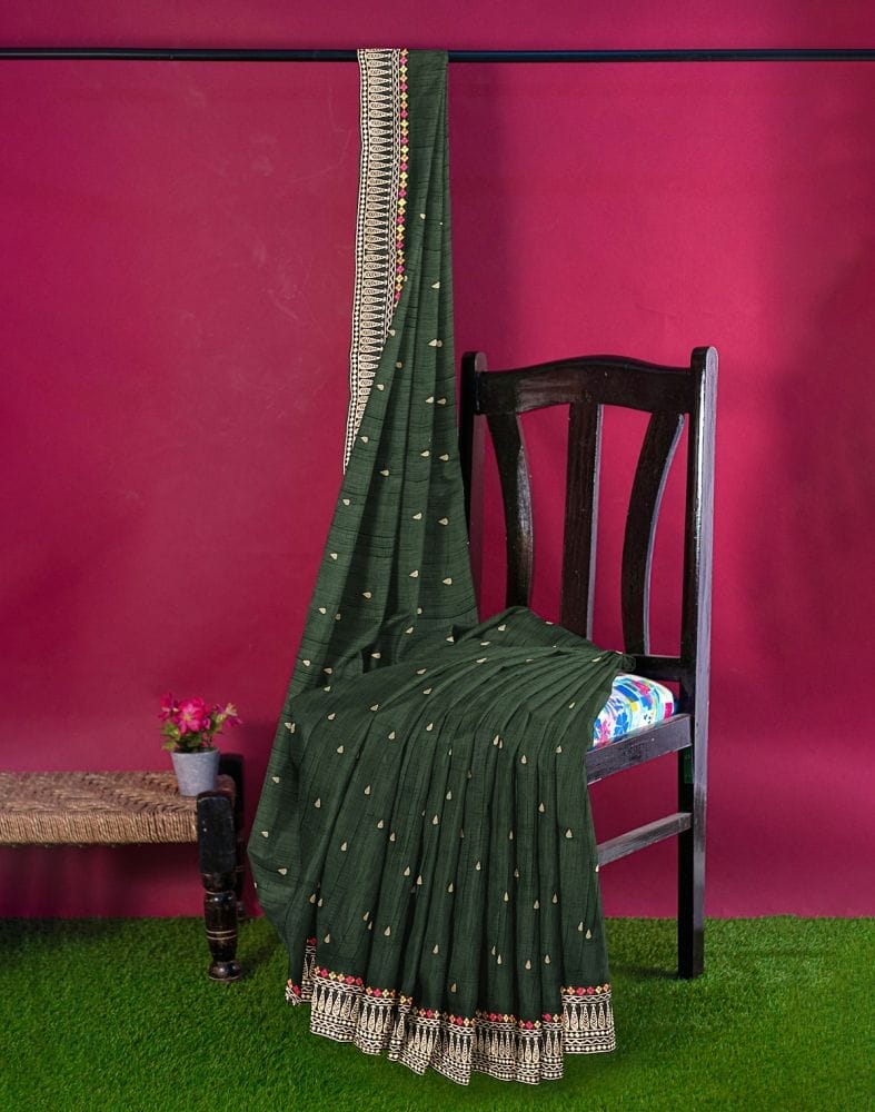 Collection of Dark Green Butta Raw Silk Saree in a gallery layout