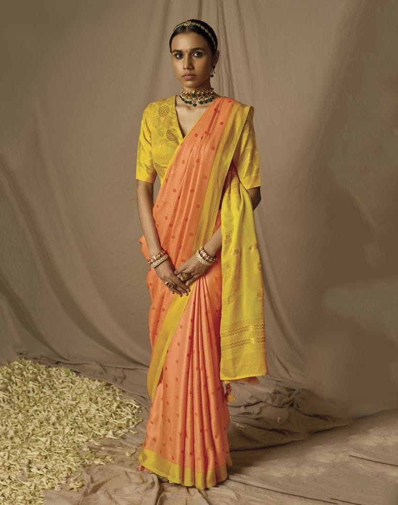 Collection of Orange Geometric Soft Brasso Mica Print Saree in a gallery layout