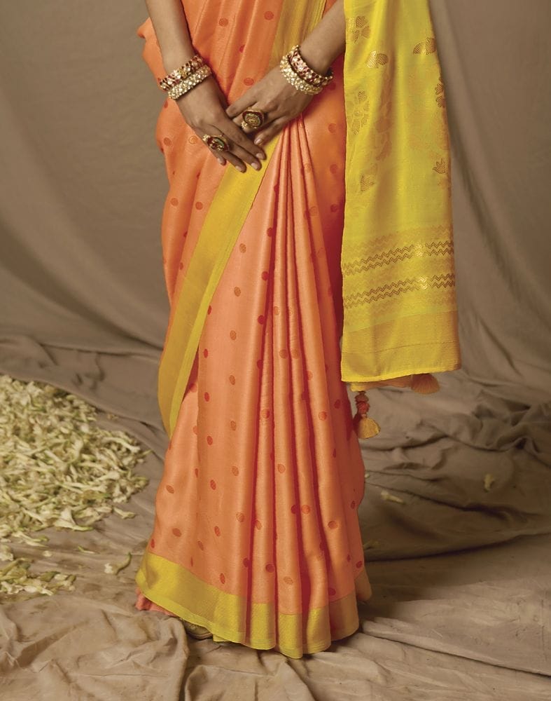 Collection of Orange Geometric Soft Brasso Mica Print Saree in a gallery layout