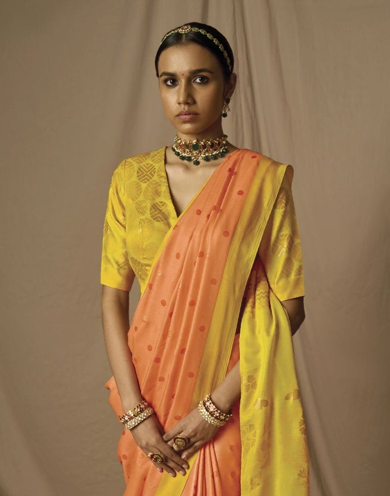 Collection of Orange Geometric Soft Brasso Mica Print Saree in a gallery layout