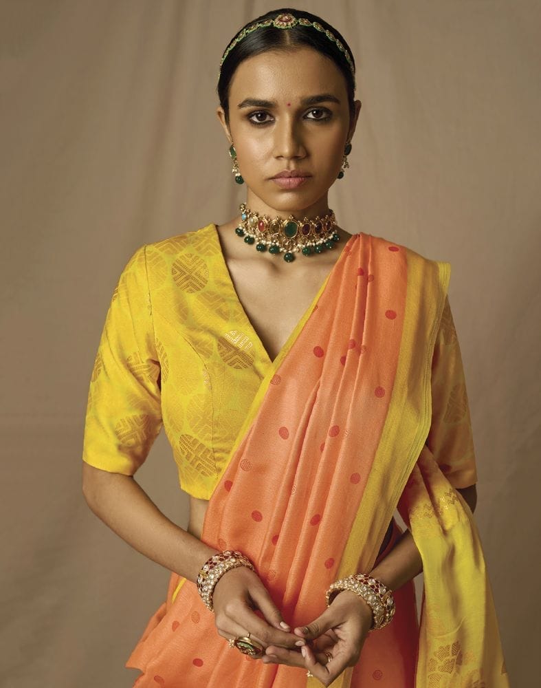 Orange Geometric Soft Brasso Mica Print Saree