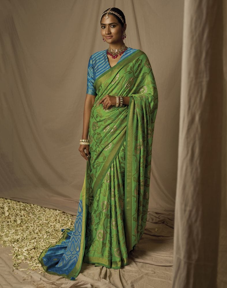 Collection of Light Green Floral Mica Print Soft Brasso Saree in a gallery layout