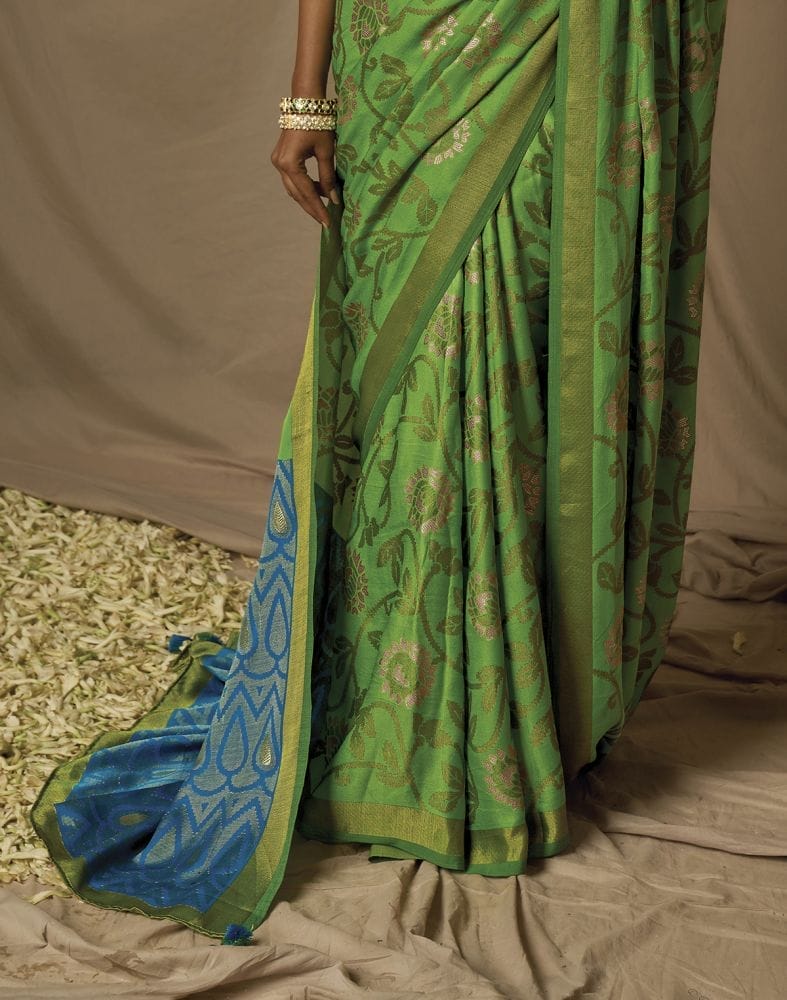 Light Green Floral Mica Print Soft Brasso Saree