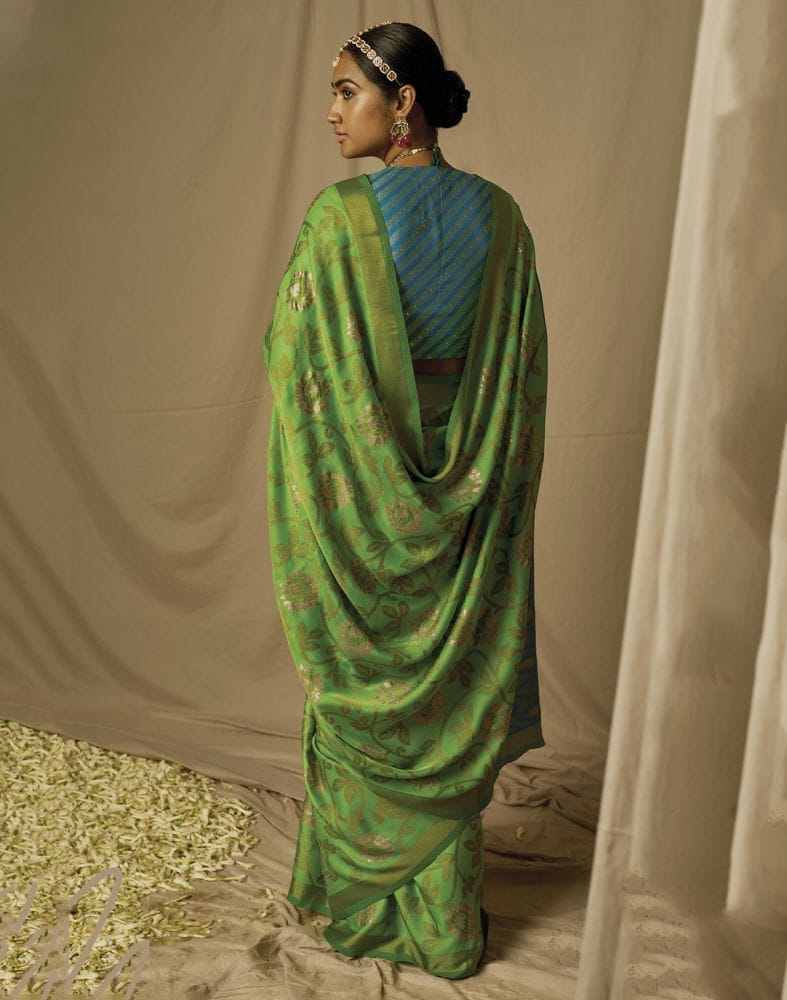 Light Green Floral Mica Print Soft Brasso Saree