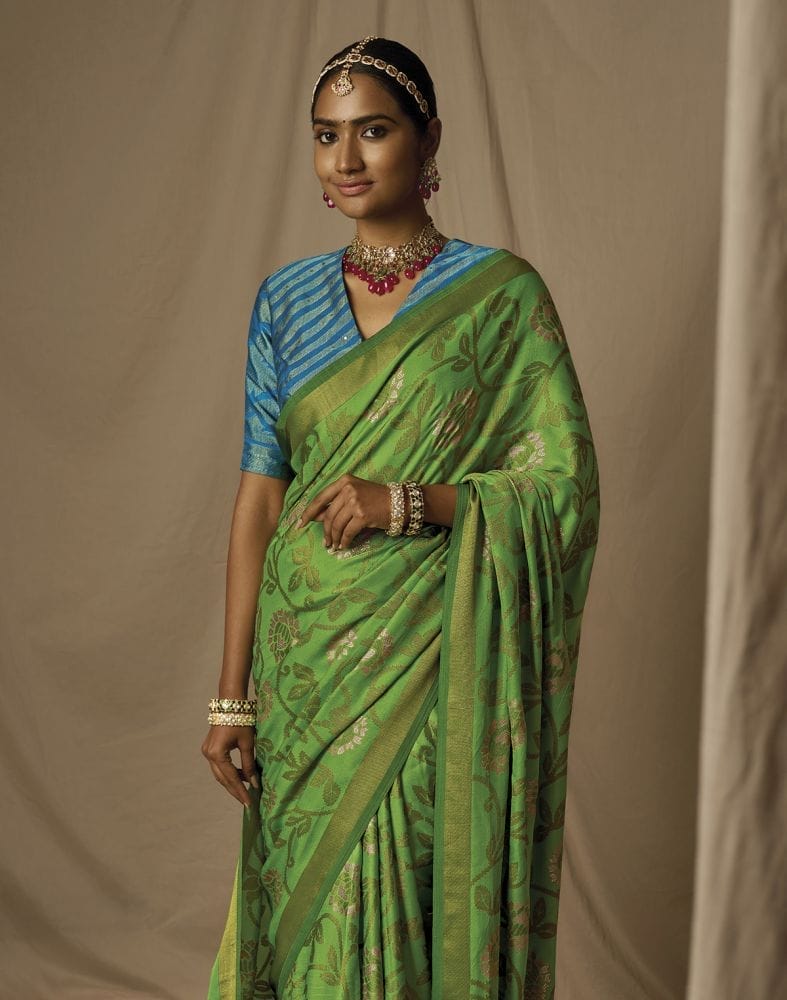 Collection of Light Green Floral Mica Print Soft Brasso Saree in a gallery layout