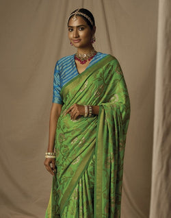 Collection of Light Green Floral Mica Print Soft Brasso Saree in a gallery layout