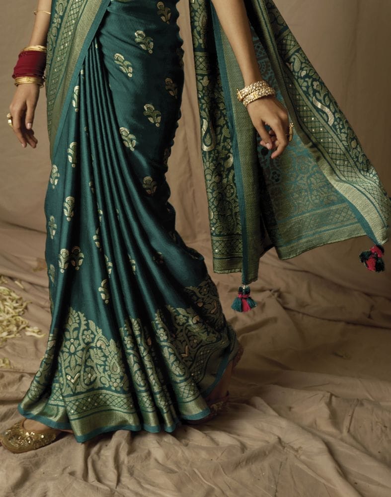 Peacock Blue Floral Soft Brasso Mica Print Saree