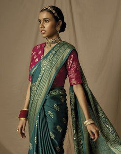 Collection of Peacock Blue Floral Soft Brasso Mica Print Saree in a gallery layout