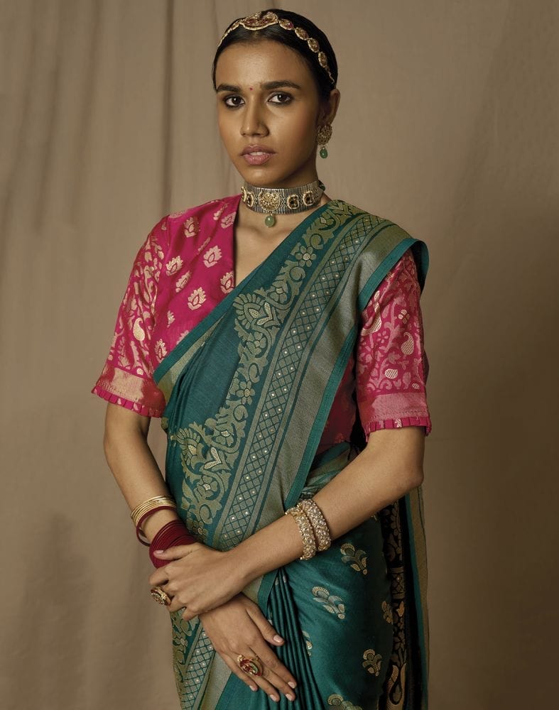 Collection of Peacock Blue Floral Soft Brasso Mica Print Saree in a gallery layout