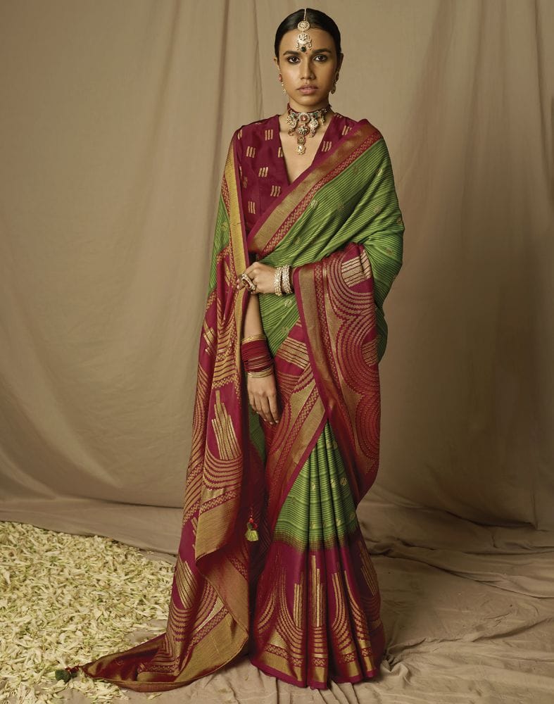 Green Paisley Mica Print Soft Brasso Saree