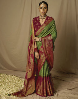 Collection of Green Paisley Mica Print Soft Brasso Saree in a gallery layout