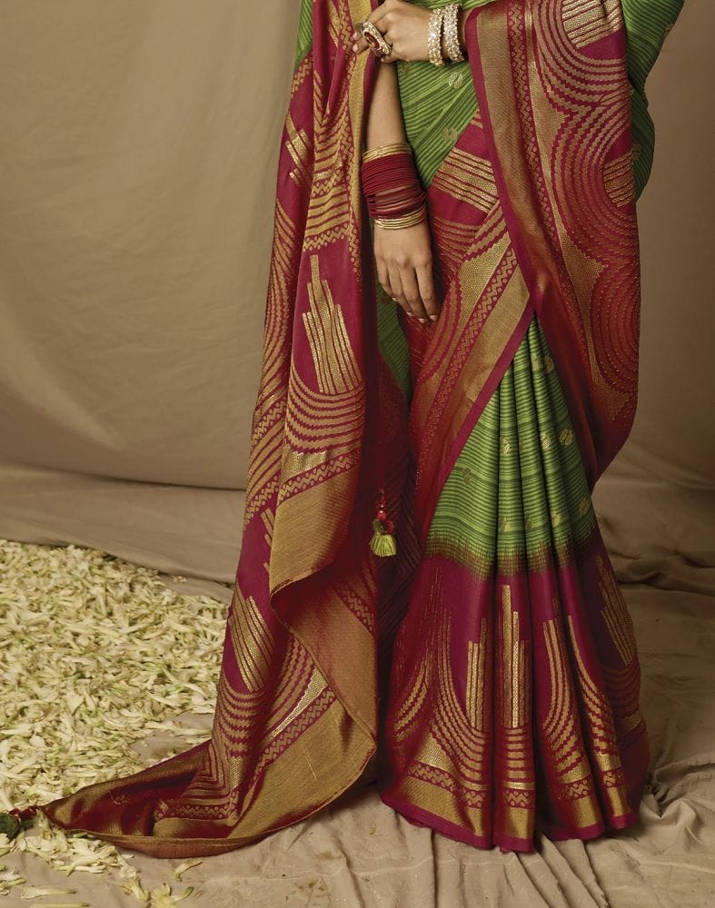 Collection of Green Paisley Mica Print Soft Brasso Saree in a gallery layout