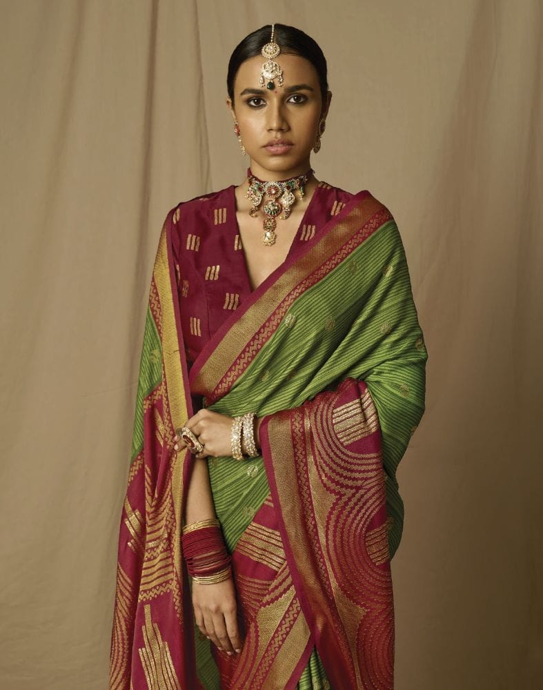 Collection of Green Paisley Mica Print Soft Brasso Saree in a gallery layout