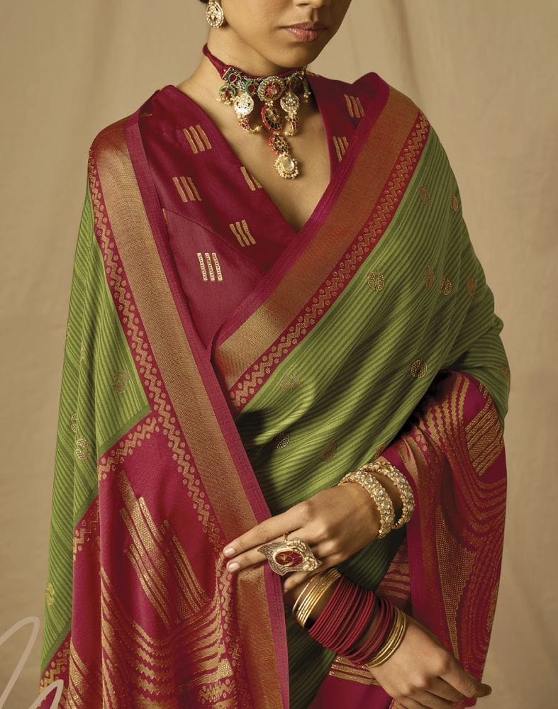 Green Paisley Mica Print Soft Brasso Saree