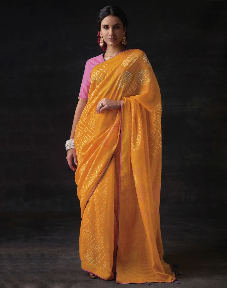 Collection of Yellow Bandhini Print Soft Brasso Saree in a gallery layout