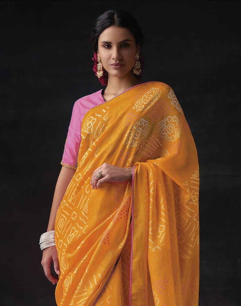 Yellow Bandhini Print Soft Brasso Saree