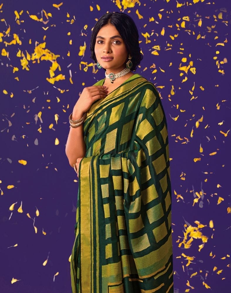 Collection of Green Coloured Geometric Soft Brasso Saree in a gallery layout