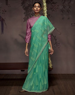 Collection of Sea Green Botanical Print Soft Georgette Saree in a gallery layout