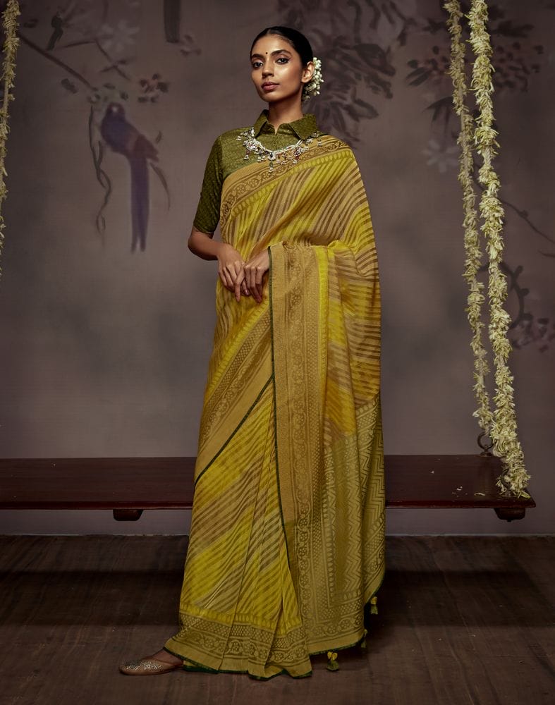 Light Green Stripes Pattern Soft Brasso Saree