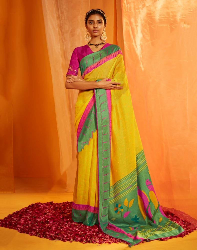 Collection of Lemon Yellow Mica Print Chiffon Saree in a gallery layout