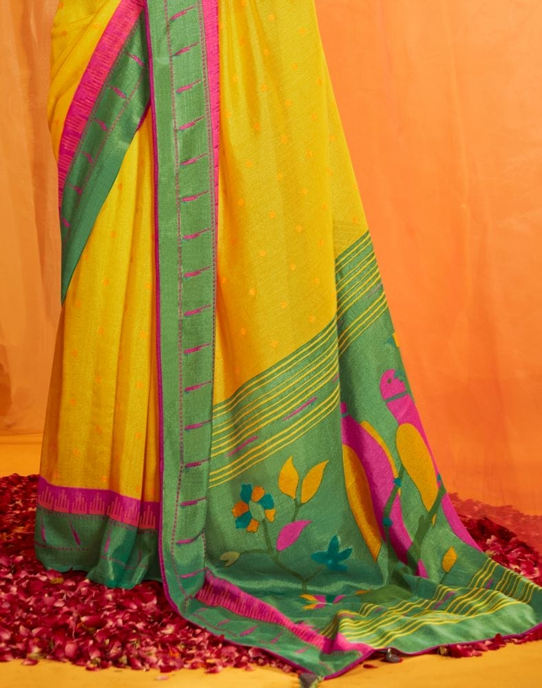 Collection of Lemon Yellow Mica Print Chiffon Saree in a gallery layout