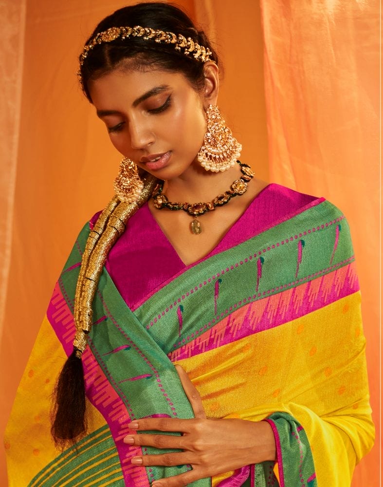 Lemon Yellow Mica Print Chiffon Saree