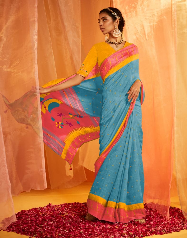 Sky Blue Coloured Mica Print Chiffon Saree