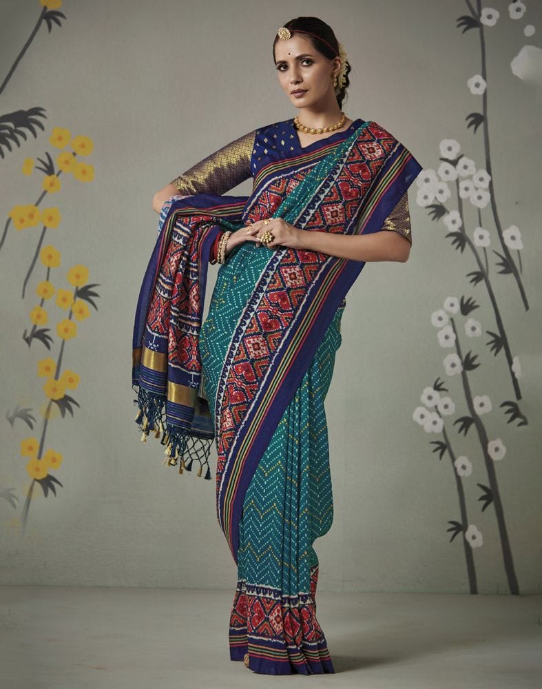 Teal Blue Ikat Print Patan Patola Saree