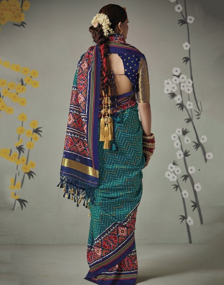 Teal Blue Ikat Print Patan Patola Saree