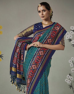 Collection of Teal Blue Ikat Print Patan Patola Saree in a gallery layout