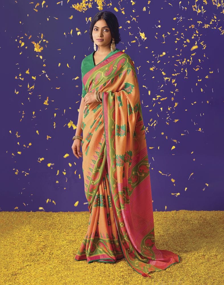 Light Orange Botanical Weave Chiffon Saree