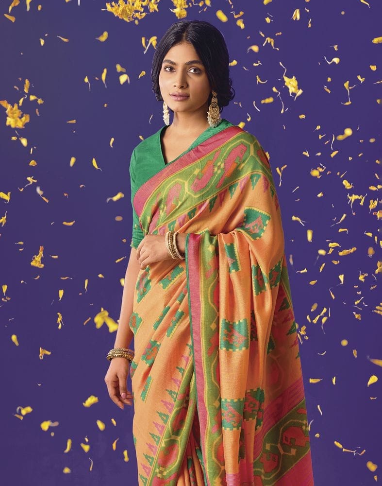 Collection of Light Orange Botanical Weave Chiffon Saree in a gallery layout