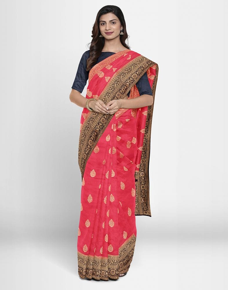 Red Floral Stones work Banaras Fancy Saree