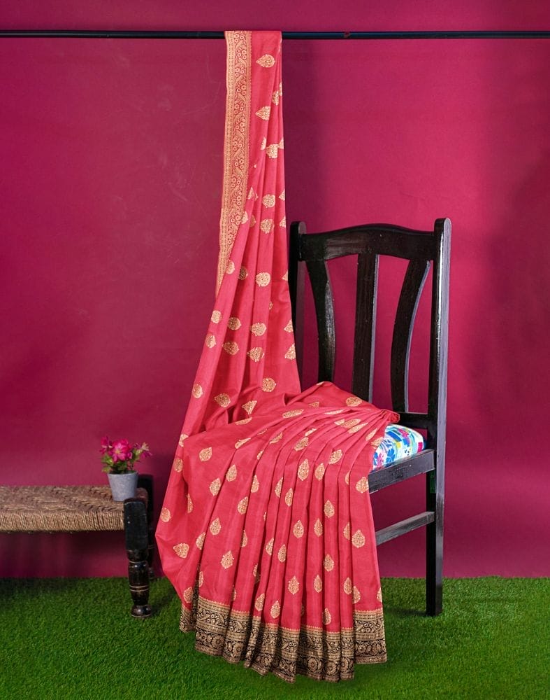 Collection of Red Floral Stones work Banaras Fancy Saree in a gallery layout