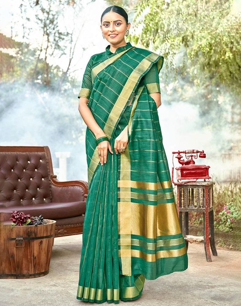 Green Checkered Zari Cotton Silk Saree